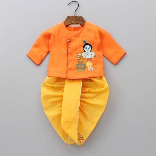 Orange Krishna Embroidered Angarkha And Yellow Dhoti krishna costume