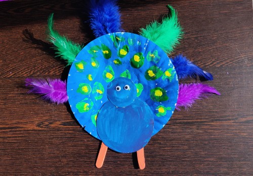 Paper Plate Peacock Craft Idea add feather